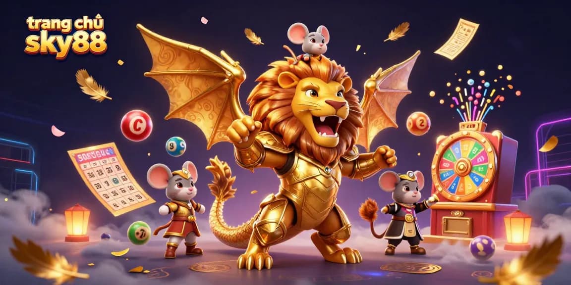 Experience the thrilling lottery excitement at trang chủ sky88 with a roaring golden chimera, vibrant game elements, and dynamic visuals.