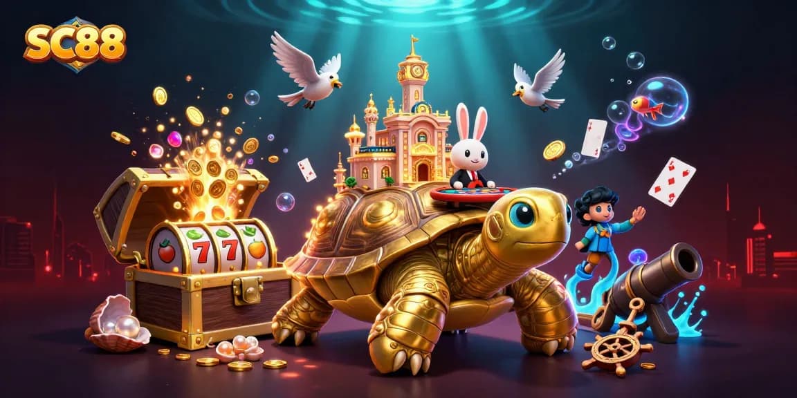 Experience the thrill of SC88 with a vibrant casino scene featuring stunning 3D characters and animated gaming elements.