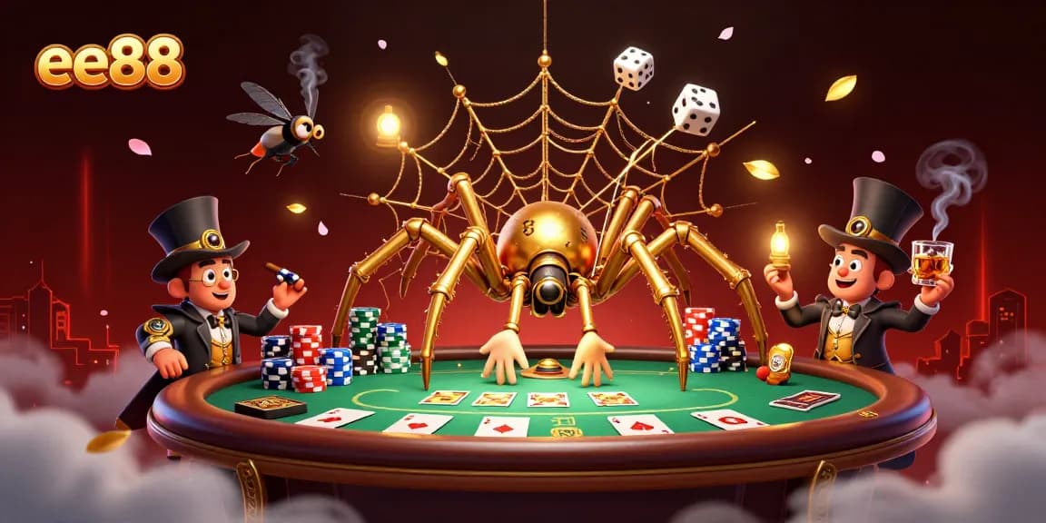 Experience the thrill of ee88 as a steampunk spider captures dice amidst golden chains and poker elements.