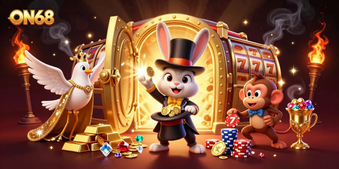 Experience the magic of ON68, a vibrant casino scene with a magician rabbit and treasures.