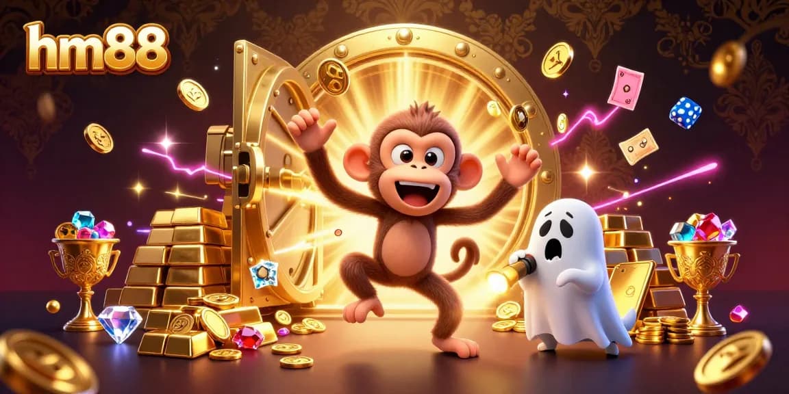 Experience the thrill of hm88 with a mischievous monkey juggling in a vibrant casino scene.