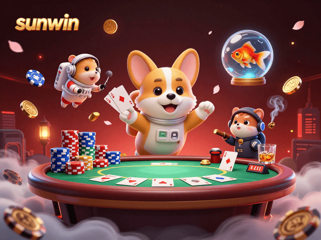 Experience thrilling gaming at sunwin with an astronaut corgi and friends in a vibrant space casino.