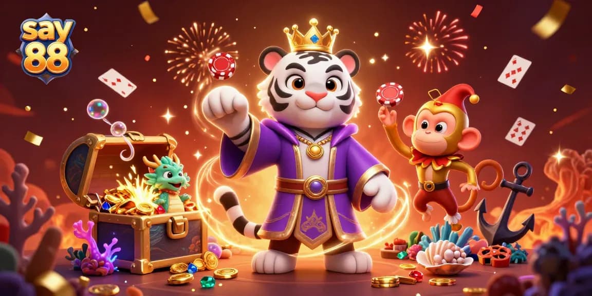 Experience the thrill of say 88 with a lively casino scene full of energy, featuring a royal tiger and playful characters.
