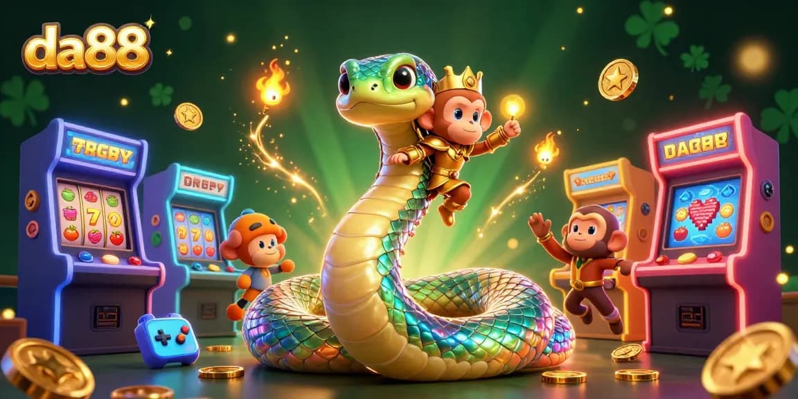 Experience excitement with da88's colorful 3D gaming scene featuring vibrant characters and casino elements.