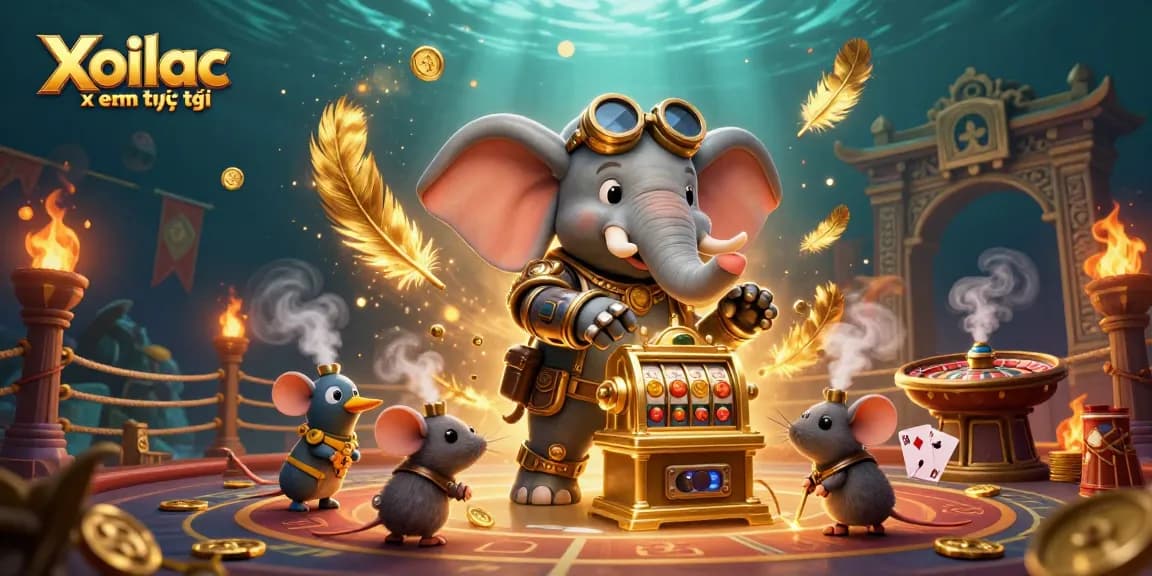 Xoilac xem trực tiếp showcasing a lively live casino scene with a steampunk elephant and dynamic game elements.