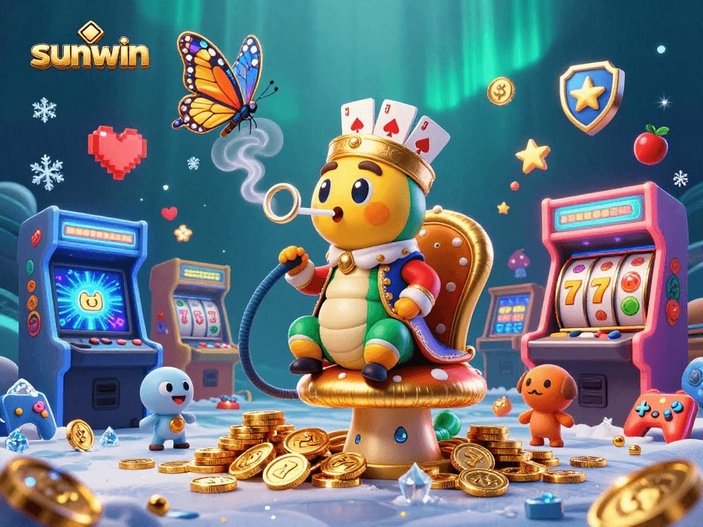Win big with sunwin by hitting jackpot spins in an exciting casino-themed illustration.