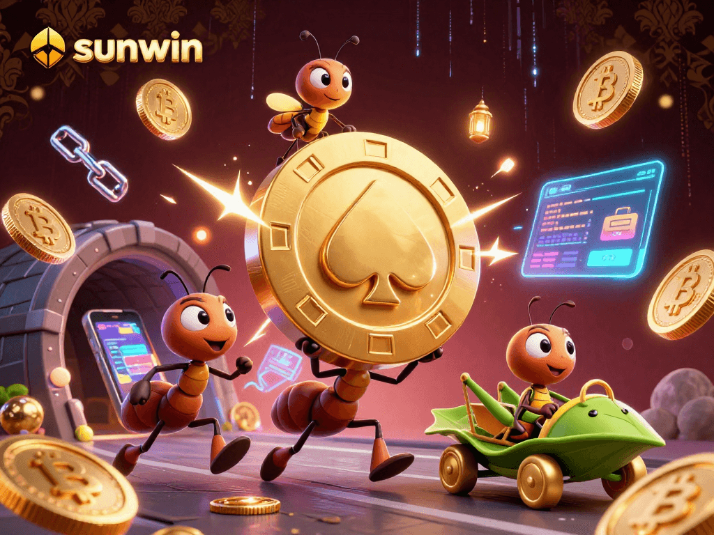 Sunwin captures a thrilling 3D cartoon heist scene with ants, crypto elements, and gambling symbols.