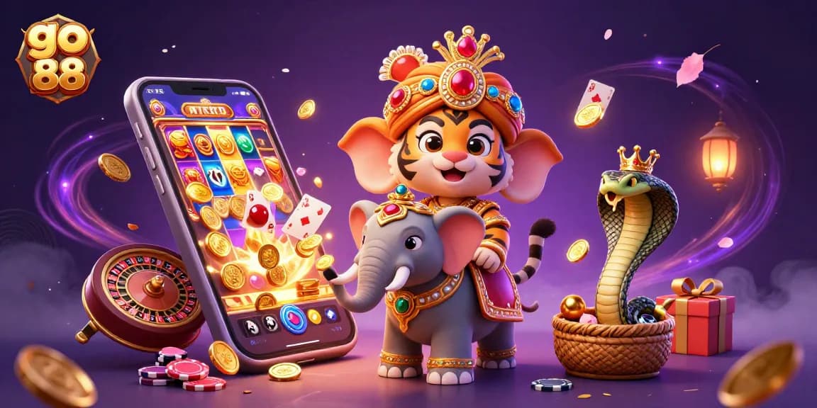 Engage in thrilling gameplay at go 88 with a vibrant scene featuring a jewel-encrusted elephant and slot games.
