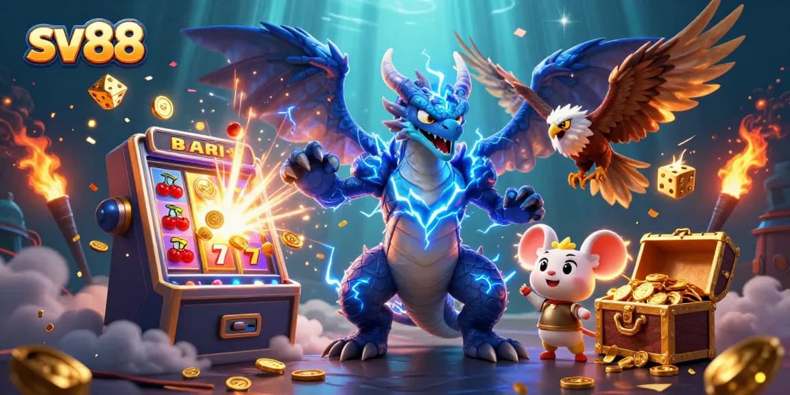 Experience thrilling gameplay with sv88's dynamic 3D casino elements featuring soaring dragon and lucky symbols.