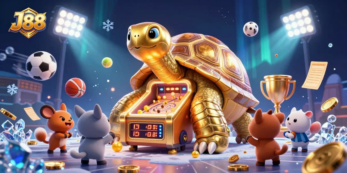 Play exciting games at J88 with this vibrant scene of a colossal tortoise pinball machine.