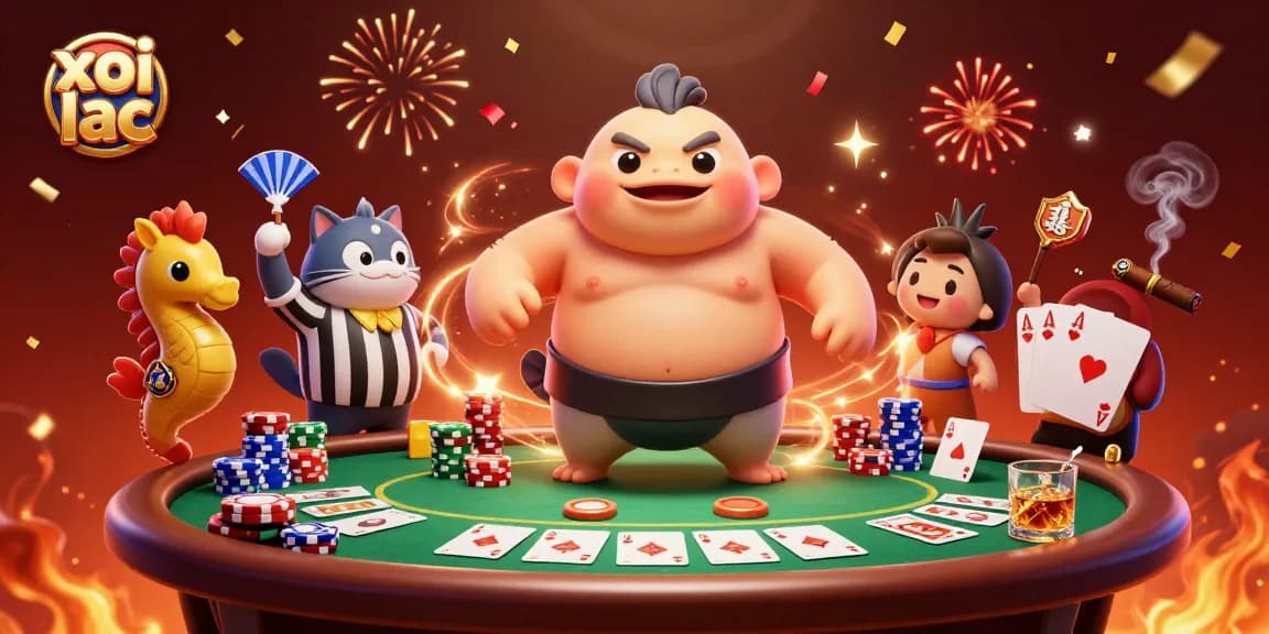 Xoi lac showcases a lively underwater casino scene with a giant fugu and poker action.