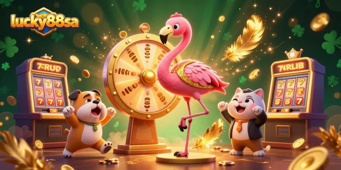 Lucky88sa celebrates big wins with a lively scene of gambling excitement featuring colorful characters and dynamic gaming elements.