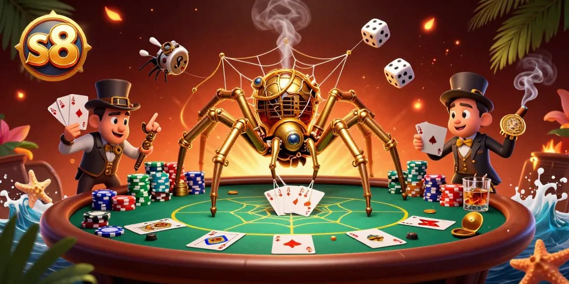 Immerse yourself in the thrill of s8 with a vibrant 3D illustration featuring a steampunk spider and poker elements.