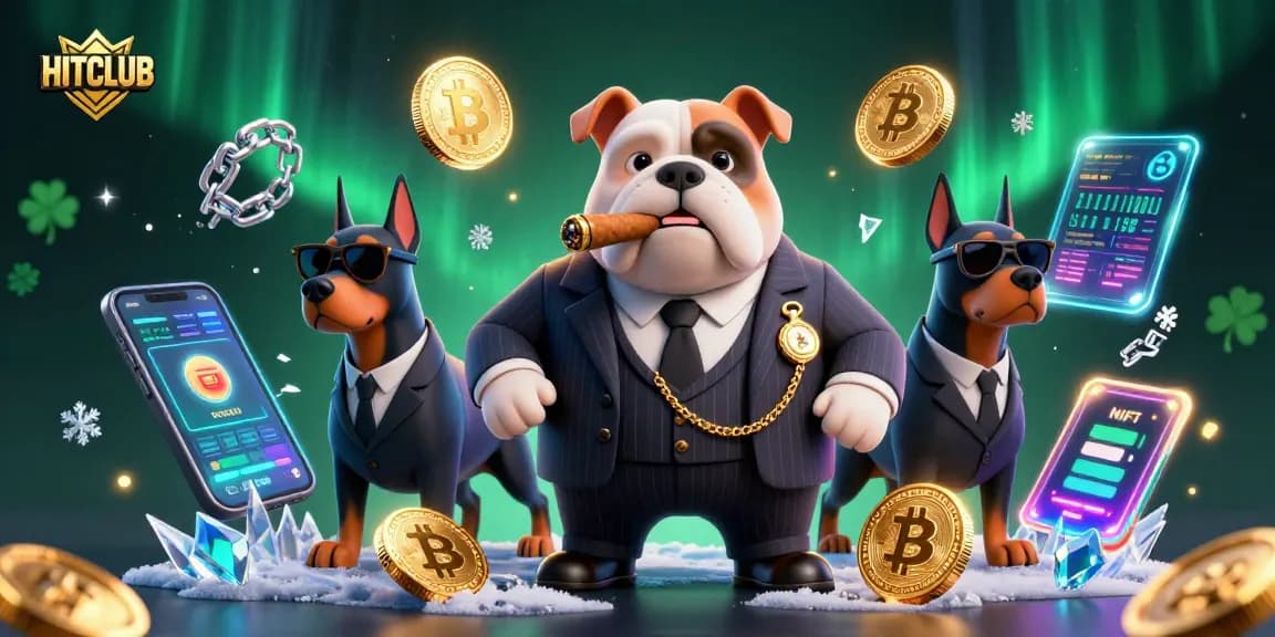 Join HITCLUB's thrilling gaming experience with dynamic characters and crypto elements in this vibrant 3D illustration.