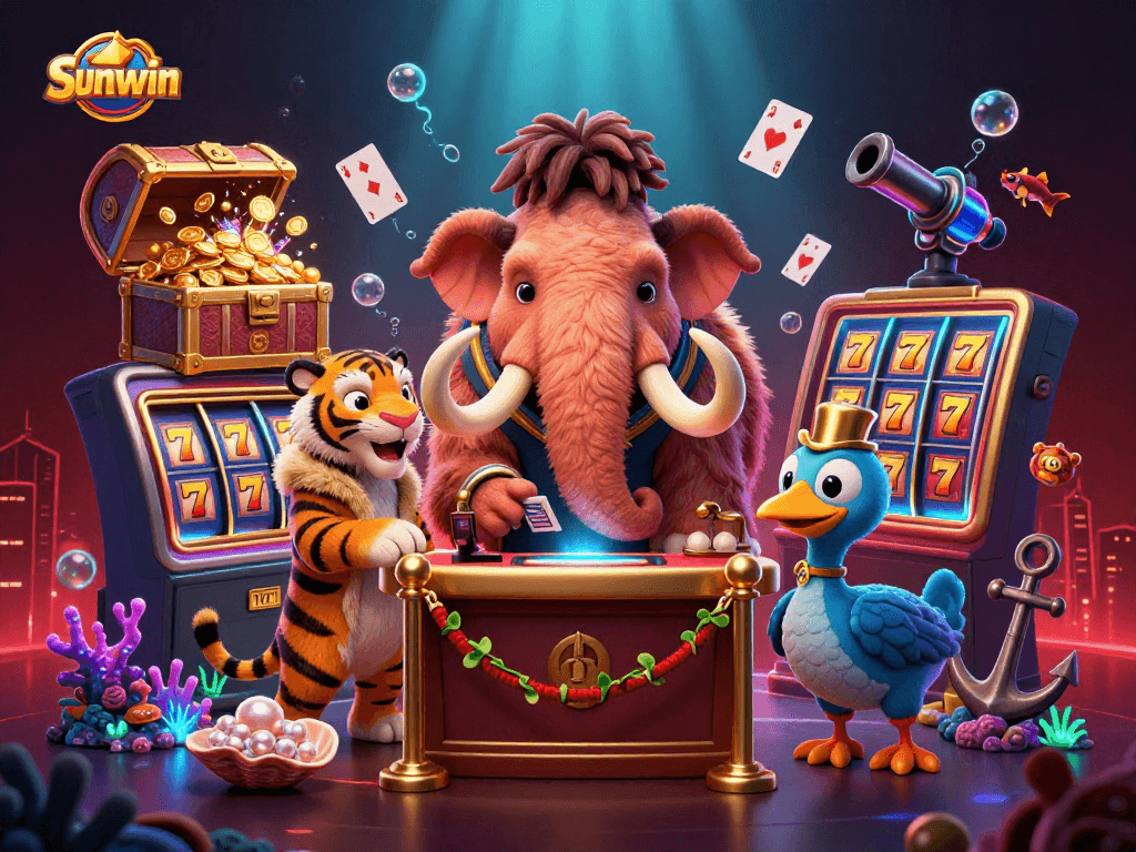 sunwin's vibrant 3D casino scene showcases a mammoth bouncer checking IDs among dynamic gambling elements.