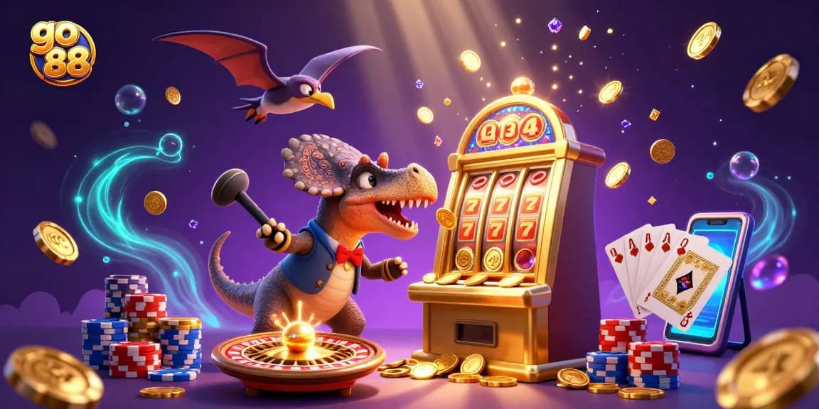 Experience the excitement of go 88 as dinosaurs celebrate jackpots with cascading golden coins and vibrant casino elements.