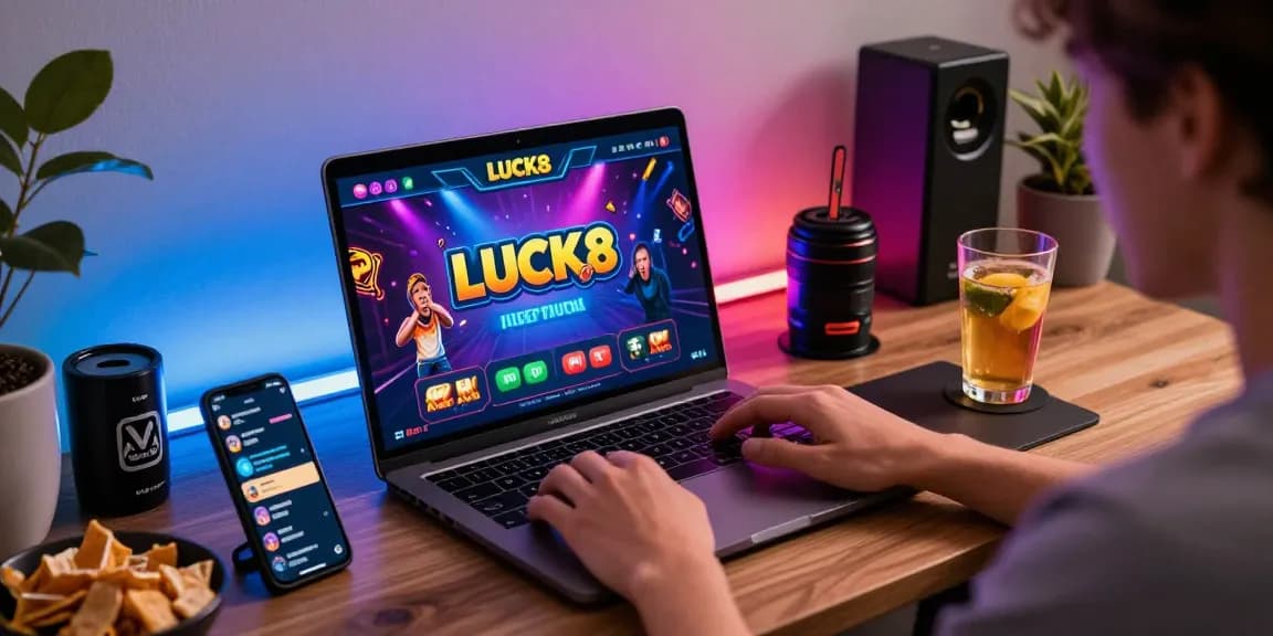Person enjoying a LUCK8 gaming experience on a laptop in a vibrant setting with colorful lighting.