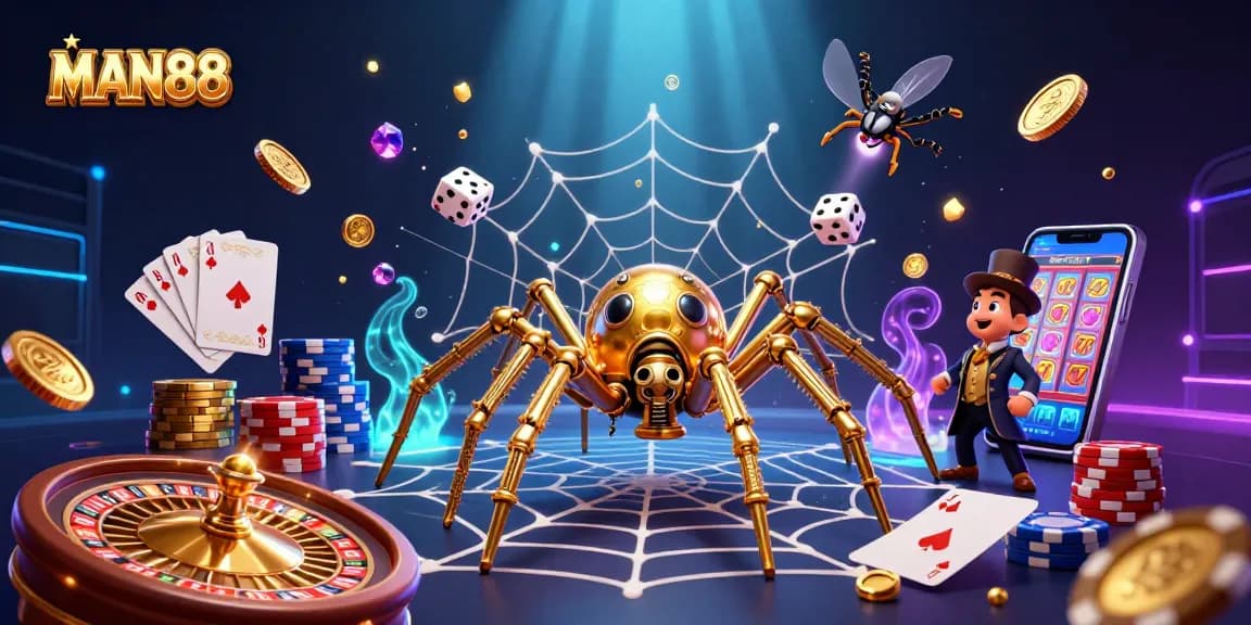 Experience the thrill of winning at MAN88 with golden treasures and vibrant casino elements.