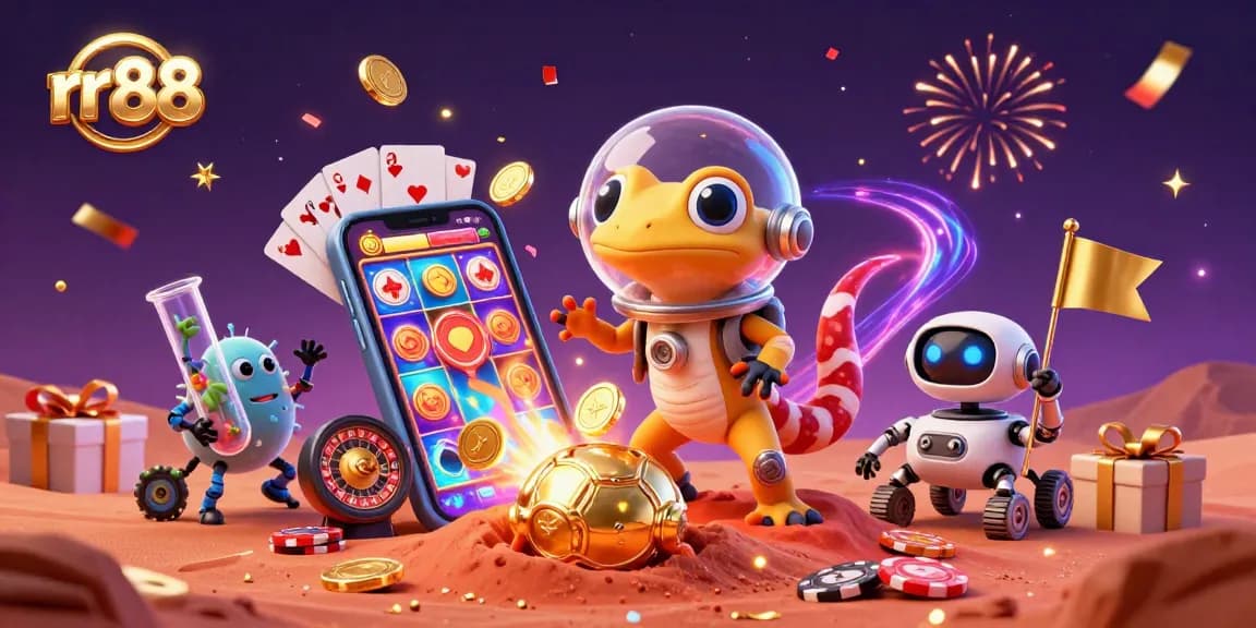 Experience rr 88 with a vibrant 3D illustration showcasing a Martian gecko discovering a hidden casino.