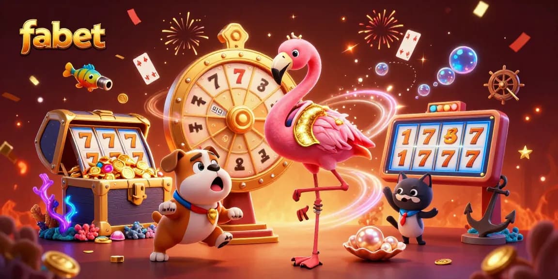 Engage with fabet’s thrilling slot games as vibrant characters celebrate big wins in a dynamic scene.