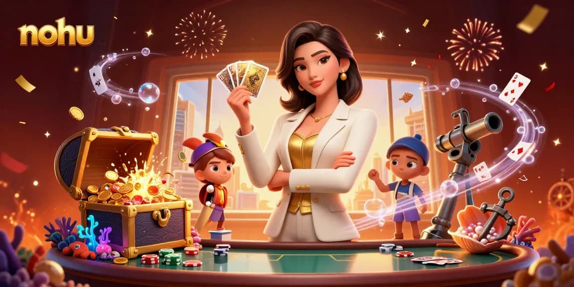 NoHu gambling scene showcasing a powerful businesswoman with golden cards and vibrant casino elements