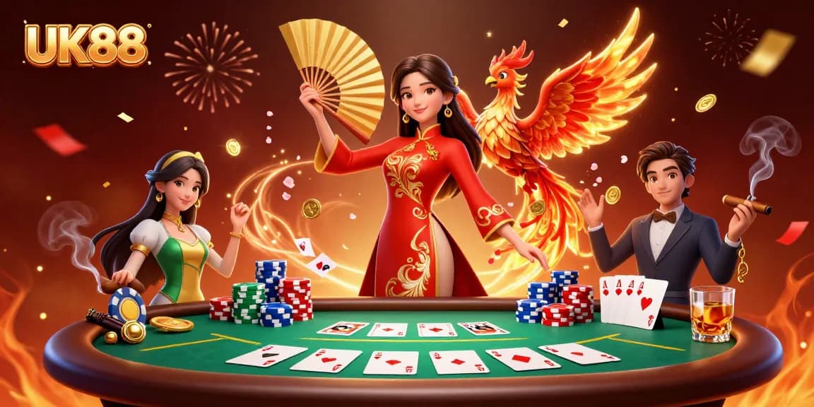 Engage with UK88's exciting poker scene featuring a beautiful woman and a phoenix amidst vibrant casino elements.