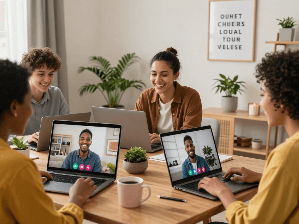 F168 online dating users enjoying video calls in cozy home settings.