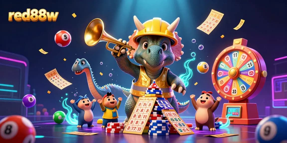 Win big at red88w as a triceratops builds poker chips and fun surrounded by colorful gambling elements.