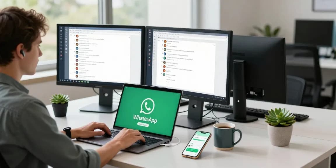 Engaged user on WhatsApp電腦版 in a modern workspace, showcasing desktop interactions.