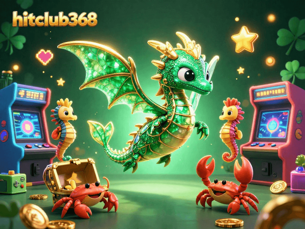 Hitclub368 showcases a vibrant sea dragon and gaming elements in an exciting 3D casino scene.