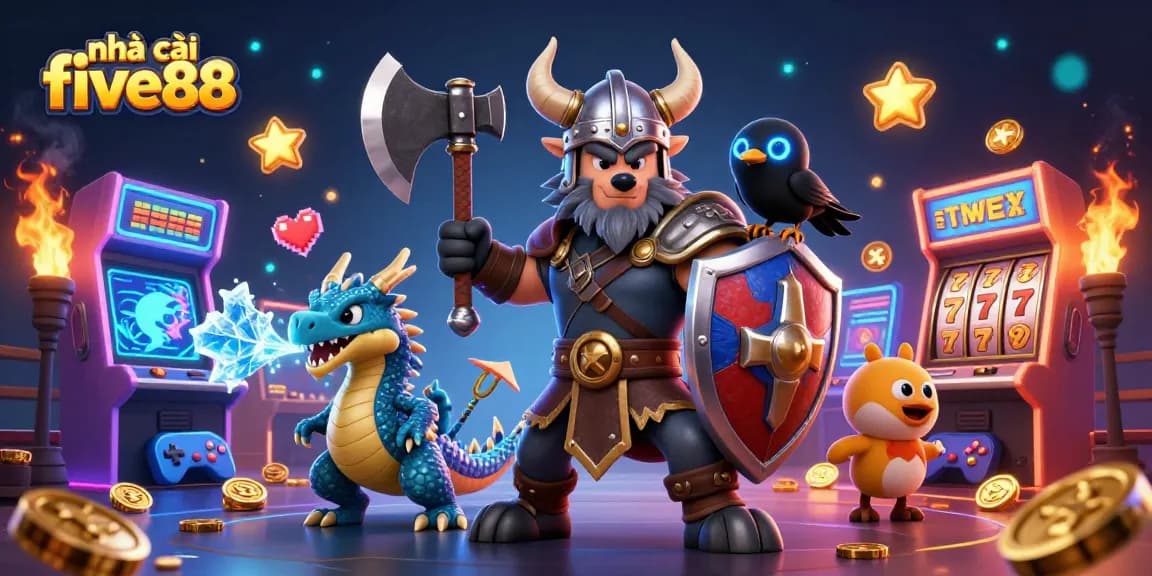 Engage with the thrilling scenes from nhà cái five88 featuring a Viking wolf warrior and game elements!