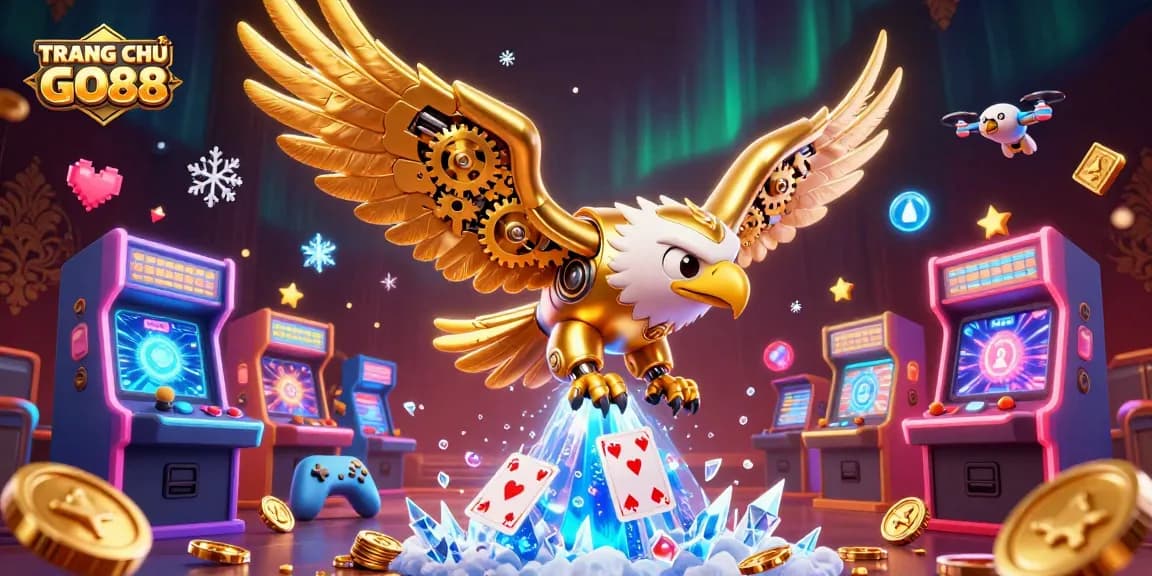 Experience thrilling gameplay at TRANG CHỦ GO88 with cybernetic eagle amidst casino visuals.