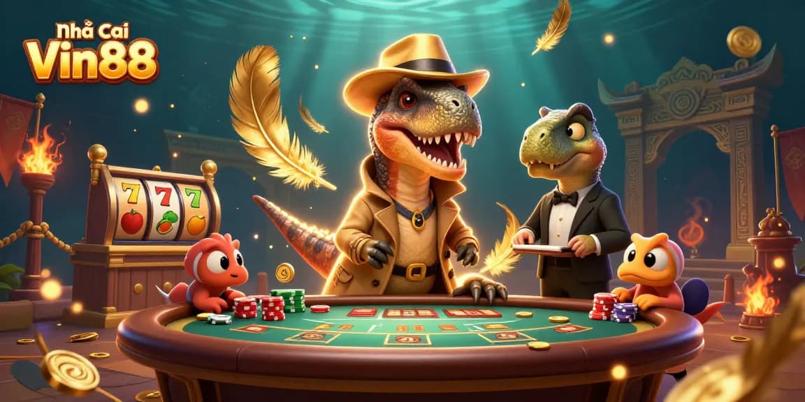 Engaging scene of Nhà cái Vin88 illustrating a cartoon velociraptor at a blackjack table, surrounded by vibrant casino elements.