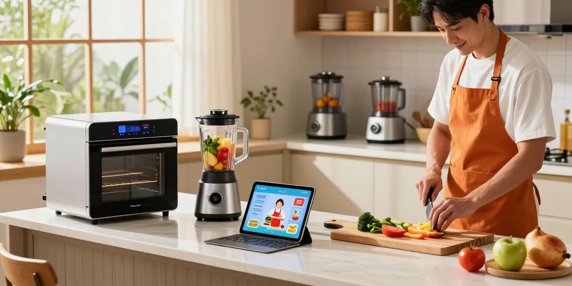 AI cooking gadgets enhancing a modern kitchen with a chef preparing a meal.