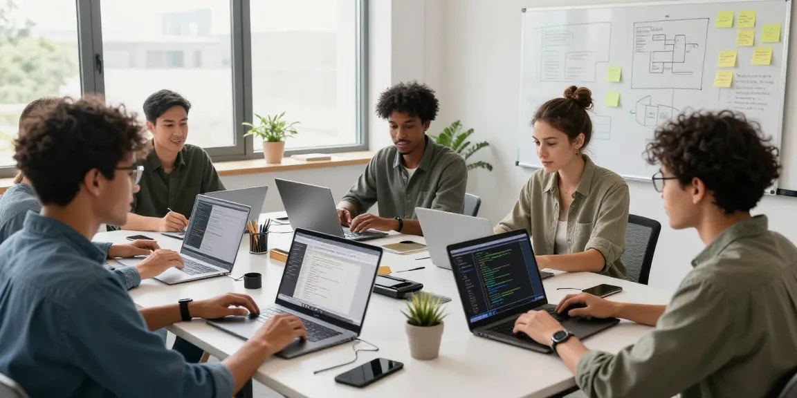 Build internal tools with AI in a collaborative workspace, showcasing developers engaged in coding and brainstorming activities.