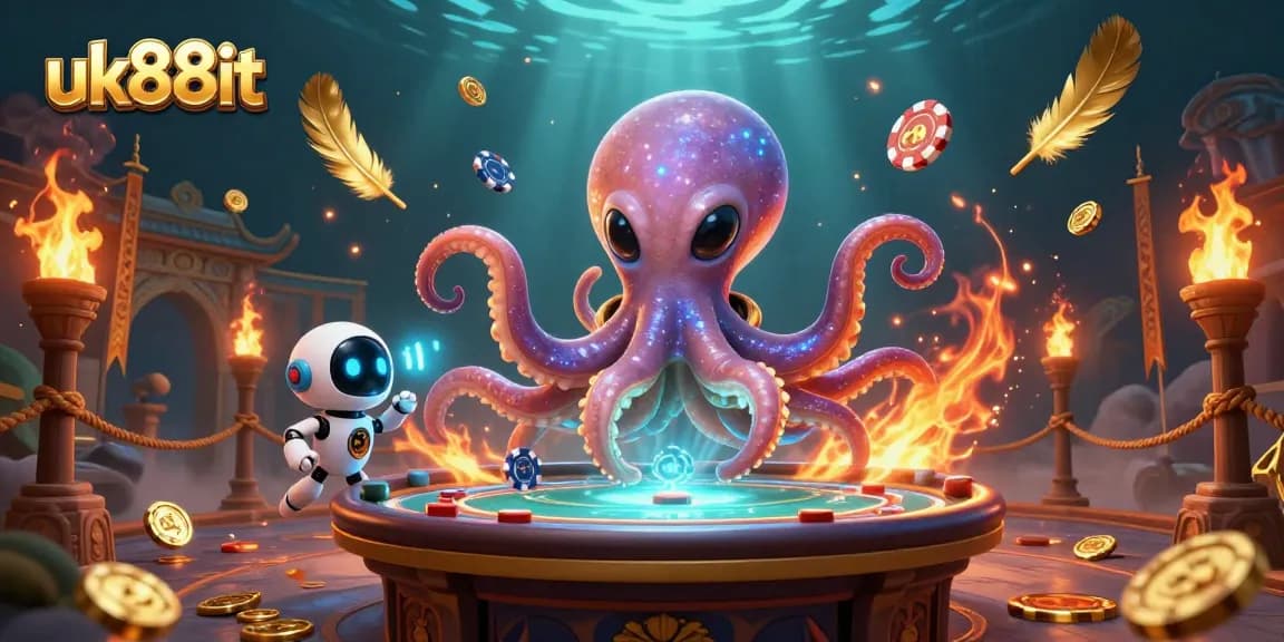 Engage with thrilling poker action at uk88it's vibrant gaming universe, a dynamic 3D casino illustration.
