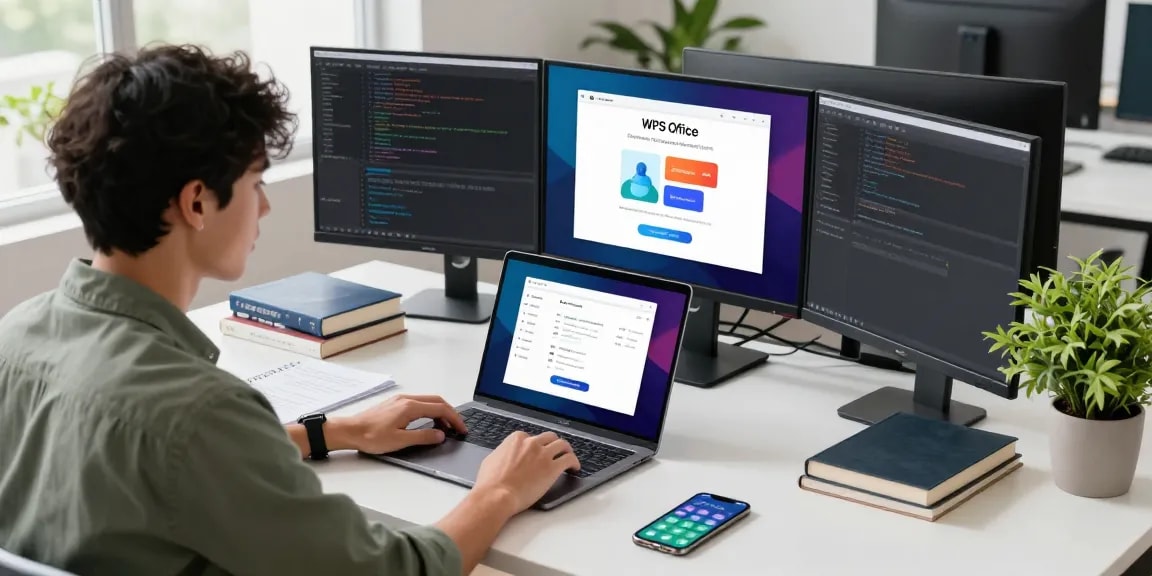 Download WPS Office interface visible on laptop screen in modern workspace.