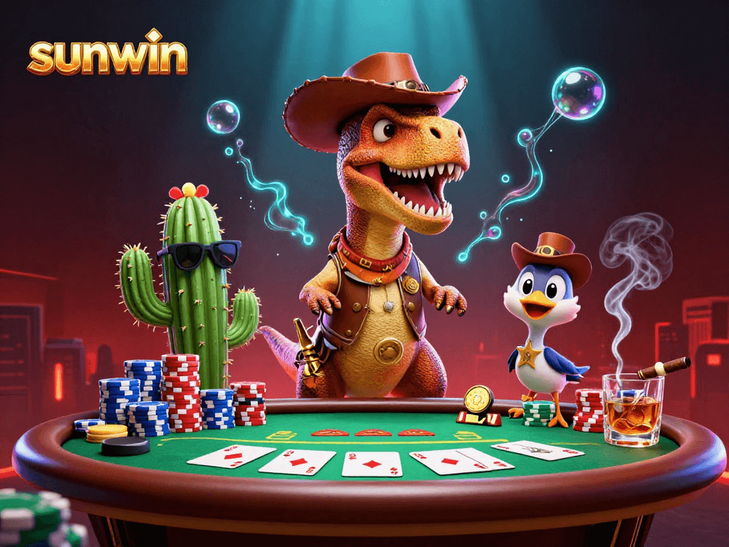 Engage with sunwin at a vibrant poker showdown featuring dynamic characters in a lively casino scene.