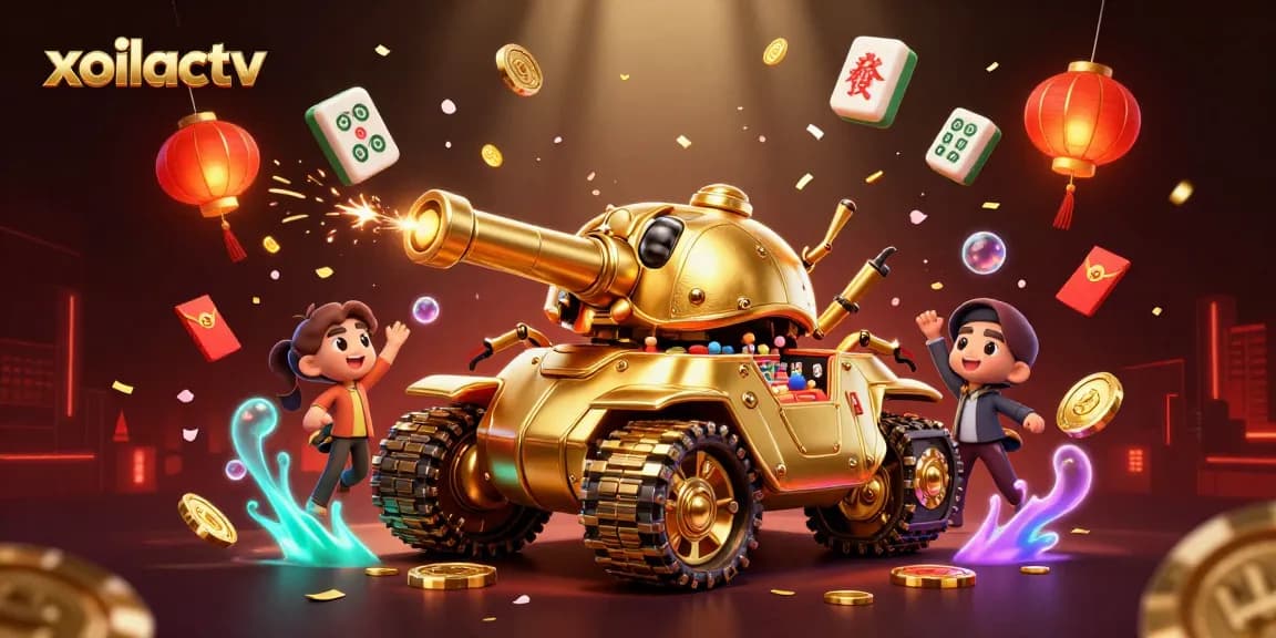 Engage with xoilactv's vibrant casino scene featuring a golden beetle tank filled with tiny players and dynamic game elements.