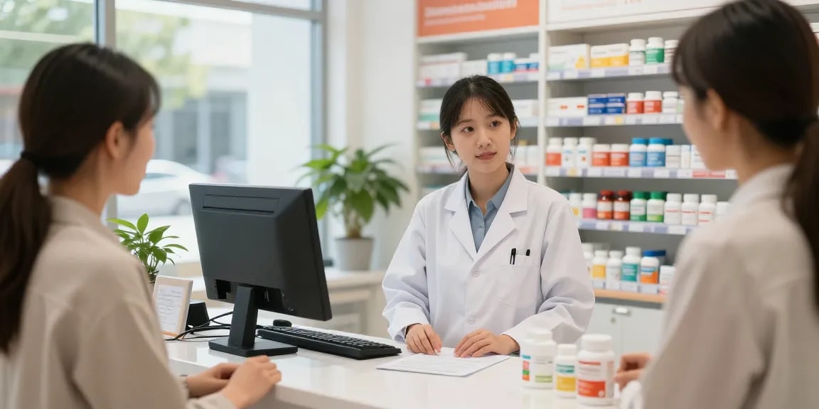 Interactie tussen een klant en de apotheker bij Unique Pharma Shop, met kleurrijke gezondheidssupplementen.
