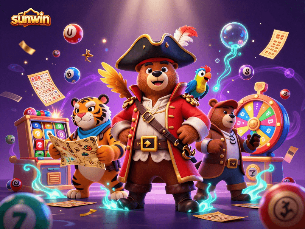 Join the exciting world of sunwin as colorful lottery balls and vibrant casino elements surround animated characters.