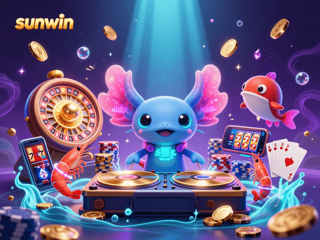 Join the fun with sunwin as lively axolotl DJ spins records amidst vibrant casino elements.