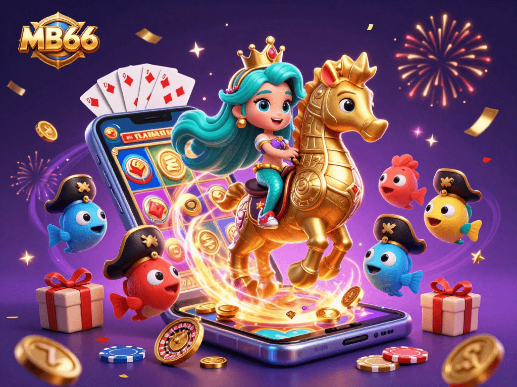 Experience the excitement of MB66 with a vibrant 3D mermaid and seahorse surrounded by dynamic gaming elements.