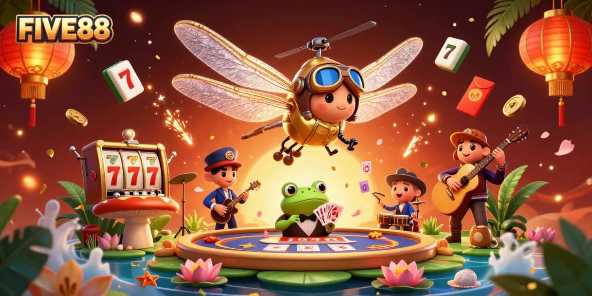 Engage with FIVE88's vibrant casino scene featuring dynamic characters and lively gaming elements.
