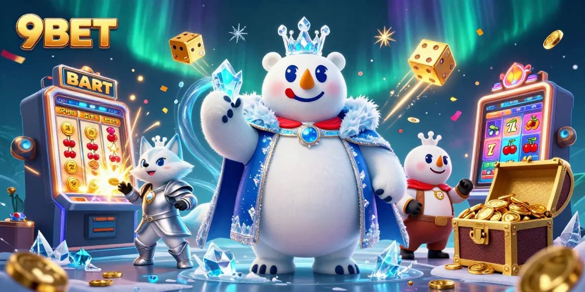 Experience excitement at 9BET with a thrilling 3D casino illustration full of vibrant game elements.