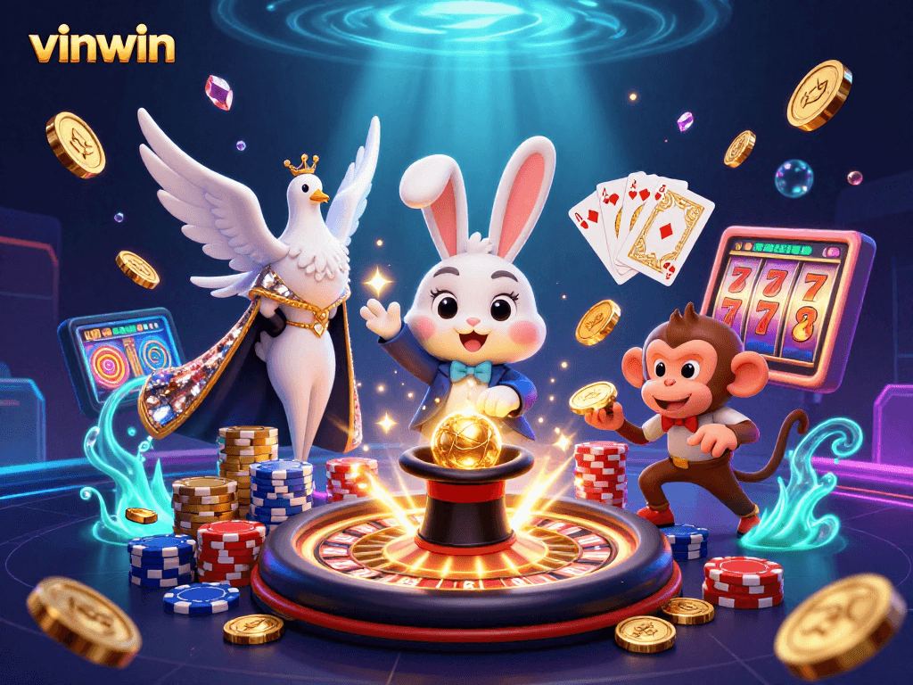 vinwin showcases exciting moments with a magician rabbit, dove, and monkey in a vibrant casino scene