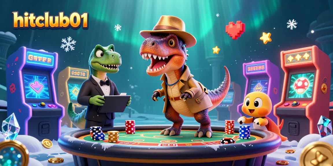 Play at hitclub01 with a velociraptor card counter amidst vibrant casino games and mystic elements.