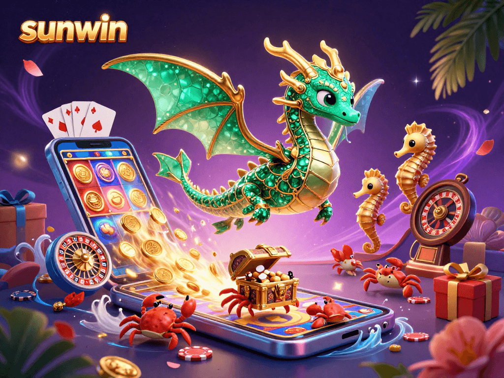 Play slots with sunwin as a sea dragon and seahorse explore a treasure-filled casino.