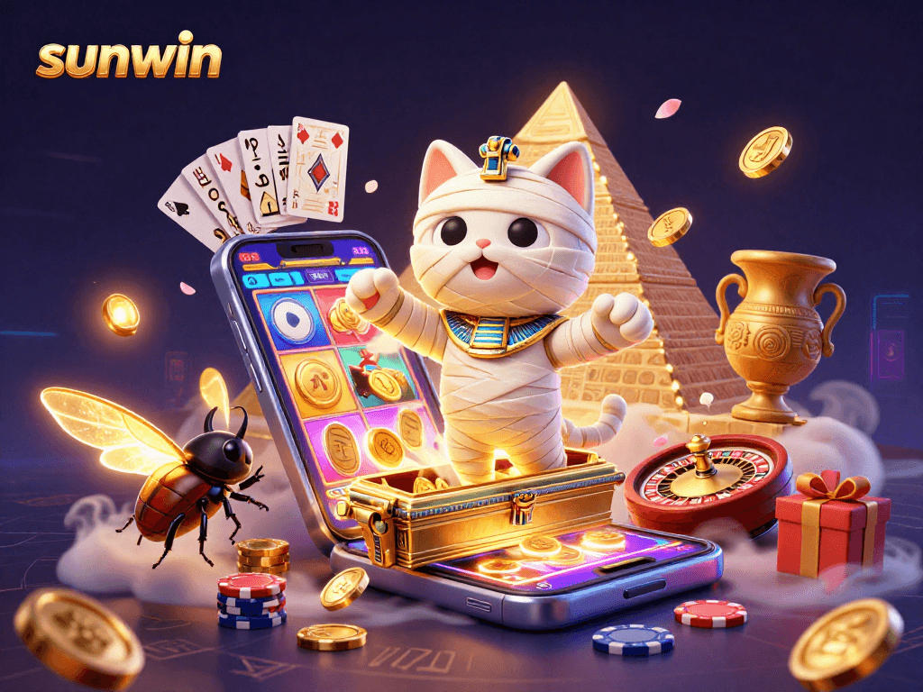 Engage with sunwin's captivating gaming adventure featuring an Egyptian mummy cat amidst vibrant casino elements.