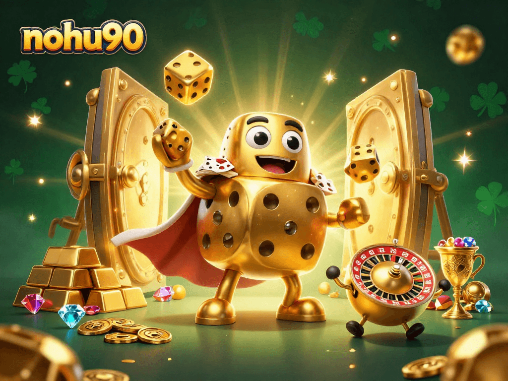 Nohu90 players enjoying golden dice and jackpot thrills in a vibrant casino illustration.